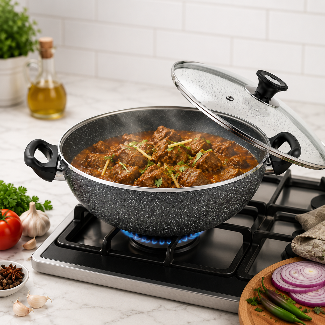 Sonex Nonstick Cooking Wok with Glass Lid – Premium Deep Cookware
