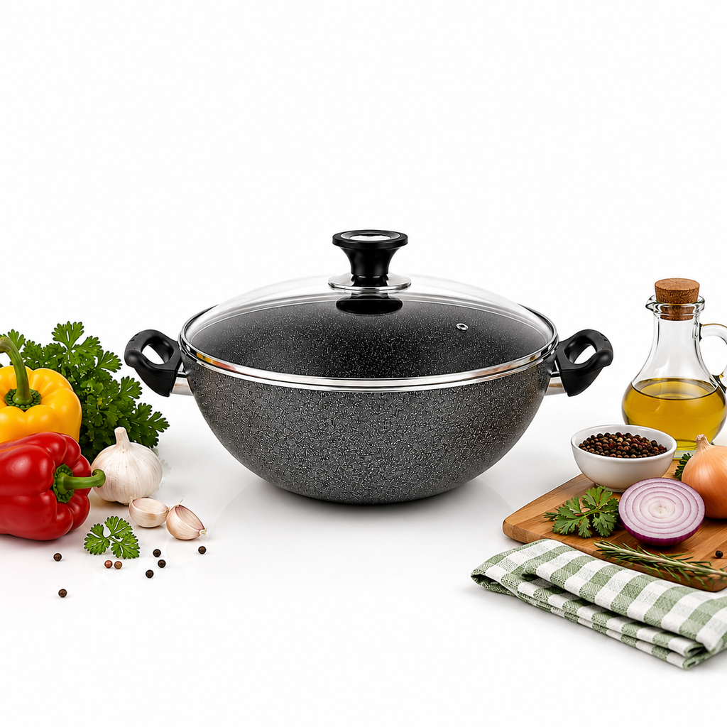 Sonex Nonstick Cooking Wok with Glass Lid – Premium Deep Cookware