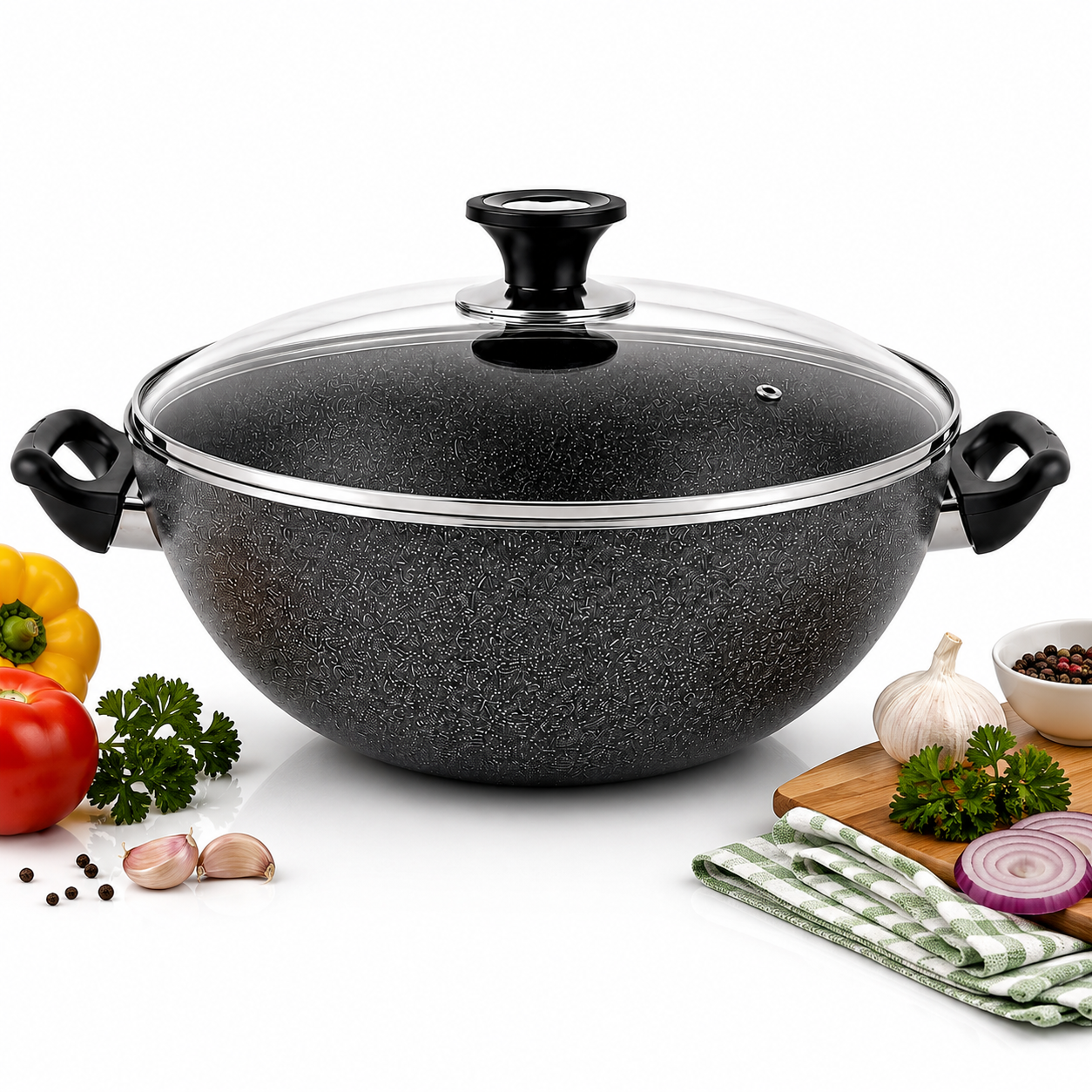 Sonex Nonstick Cooking Wok with Glass Lid – Premium Deep Cookware